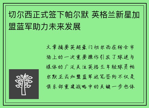 切尔西正式签下帕尔默 英格兰新星加盟蓝军助力未来发展